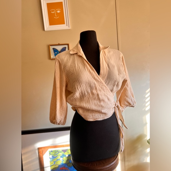 Hyfve cotton cropped tie colored shirt size large cream colored - Picture 8 of 9